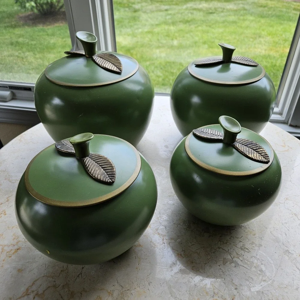 intage Chrom-Ever Avocado Green Apple Canister Set 4 MCM Enameled Aluminum Retro